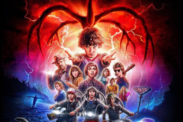 Promo image of Stranger Things season 2 with all the kids in the foreground and Eleven in the background