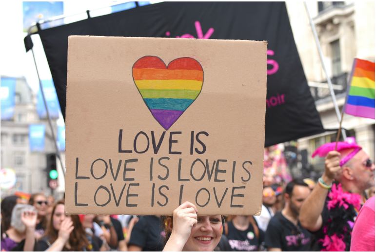 Photo of pride parade participants holding a sign stating "love is love is love is love is love is"