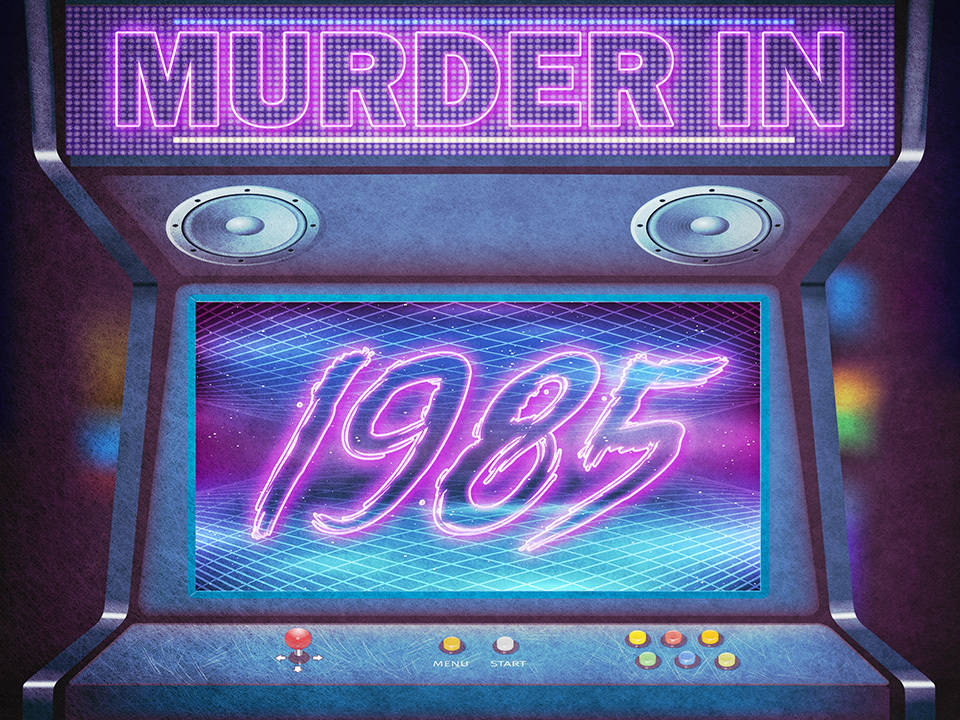 The logo for Murder in 1985 - a purple and blue neon arcade screen