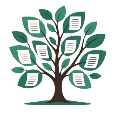 Graphic of a tree with pages of writing on its leaves. 