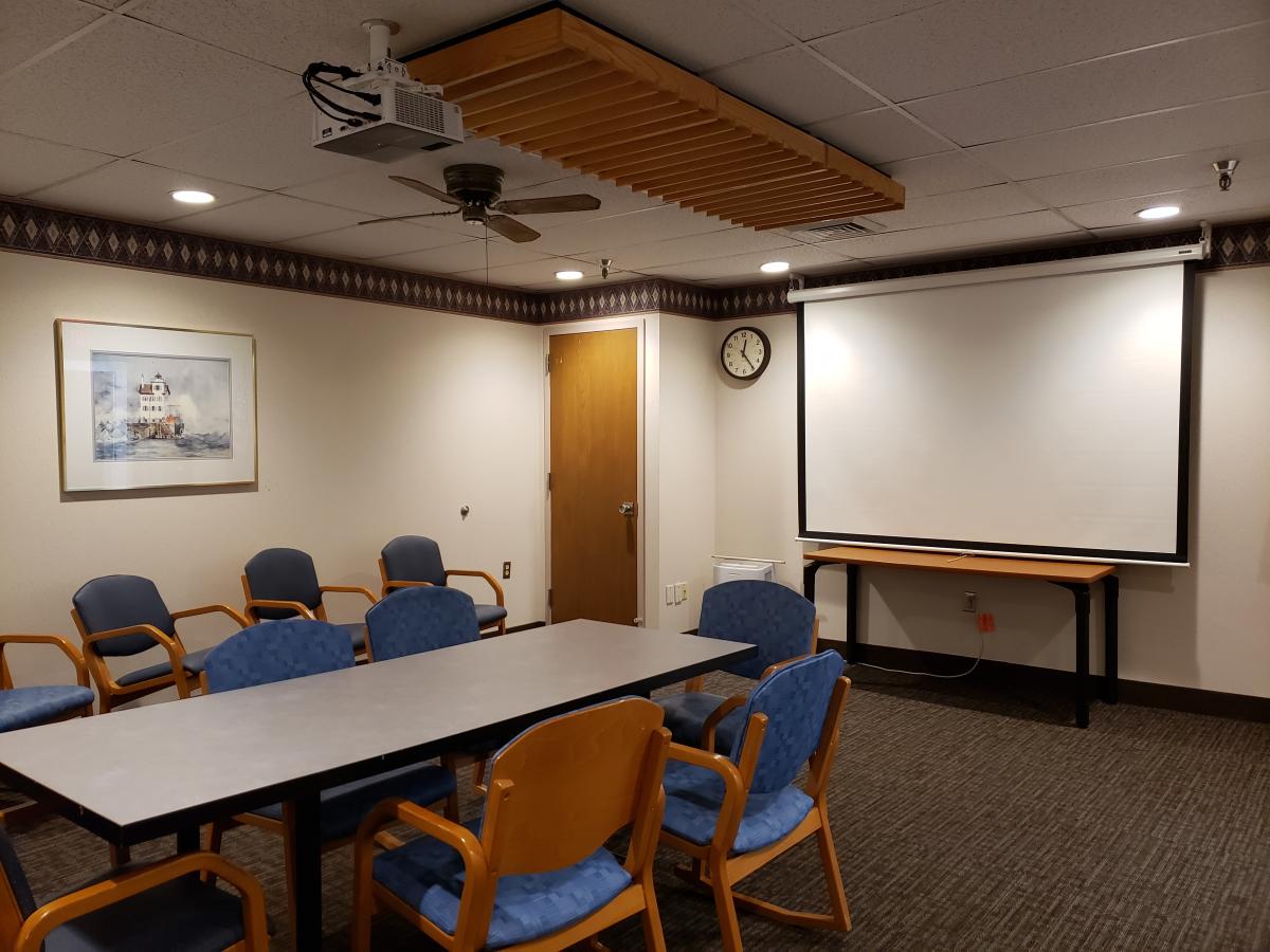 Table with up to six chairs.  Second table available. Theater style set-up for up to 18 chairs. 